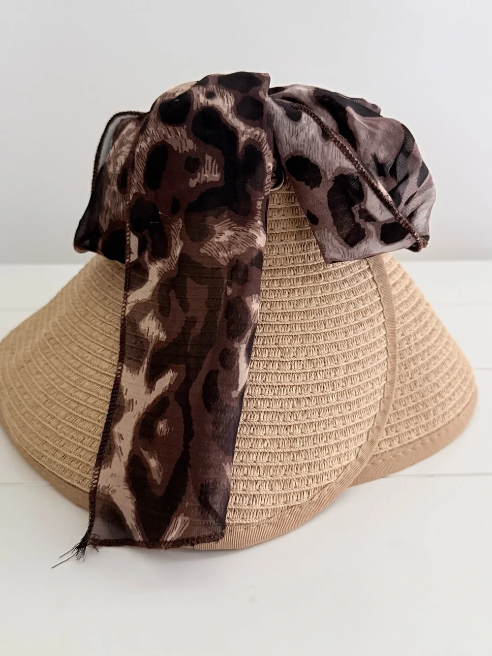Packable Straw Full Visor with Brown Leopard Scarf Tie